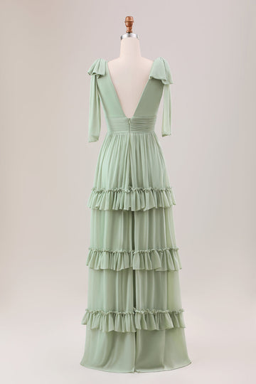 Dusty Sage A Line Chiffon brudepike kjole med volanger